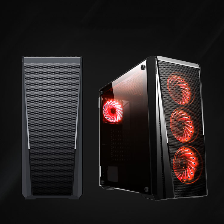 DIYPC VX-RGB Cases, One Facing Forward the Other Angled to the Right with Red Case Fans