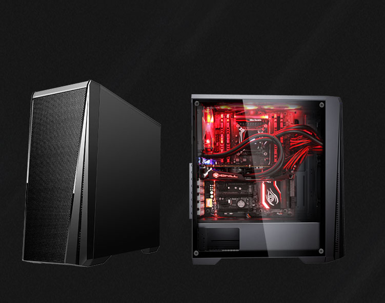 DIYPC VX-RGB Cases, One Angled to the Left and the other Facing to the Right, Fully loaded with red rgb-lit components