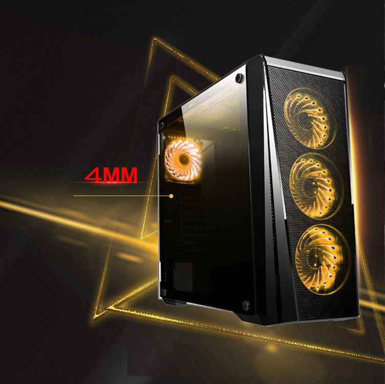 DIYPC VX-RGB Case Angled to the Right with Yellow-Lit RGB Case Fans and Red Text That Reads 4MM