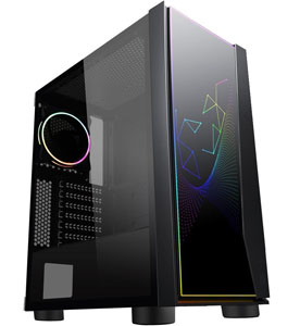 Mirage-ARGB ATX Mid Tower Gaming Computer Case was angled to show the front with ARGB LED graphics and the left side with one ARGB fan at the rear being on