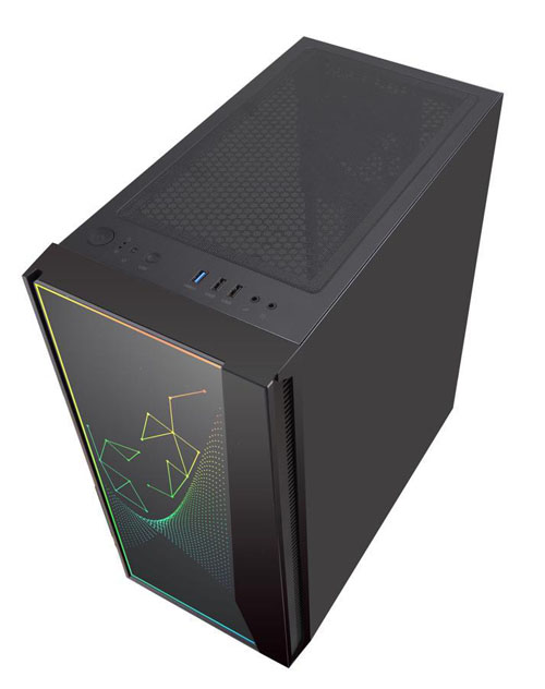 The case is angled to show the top I?O panel, front panel and right side panel