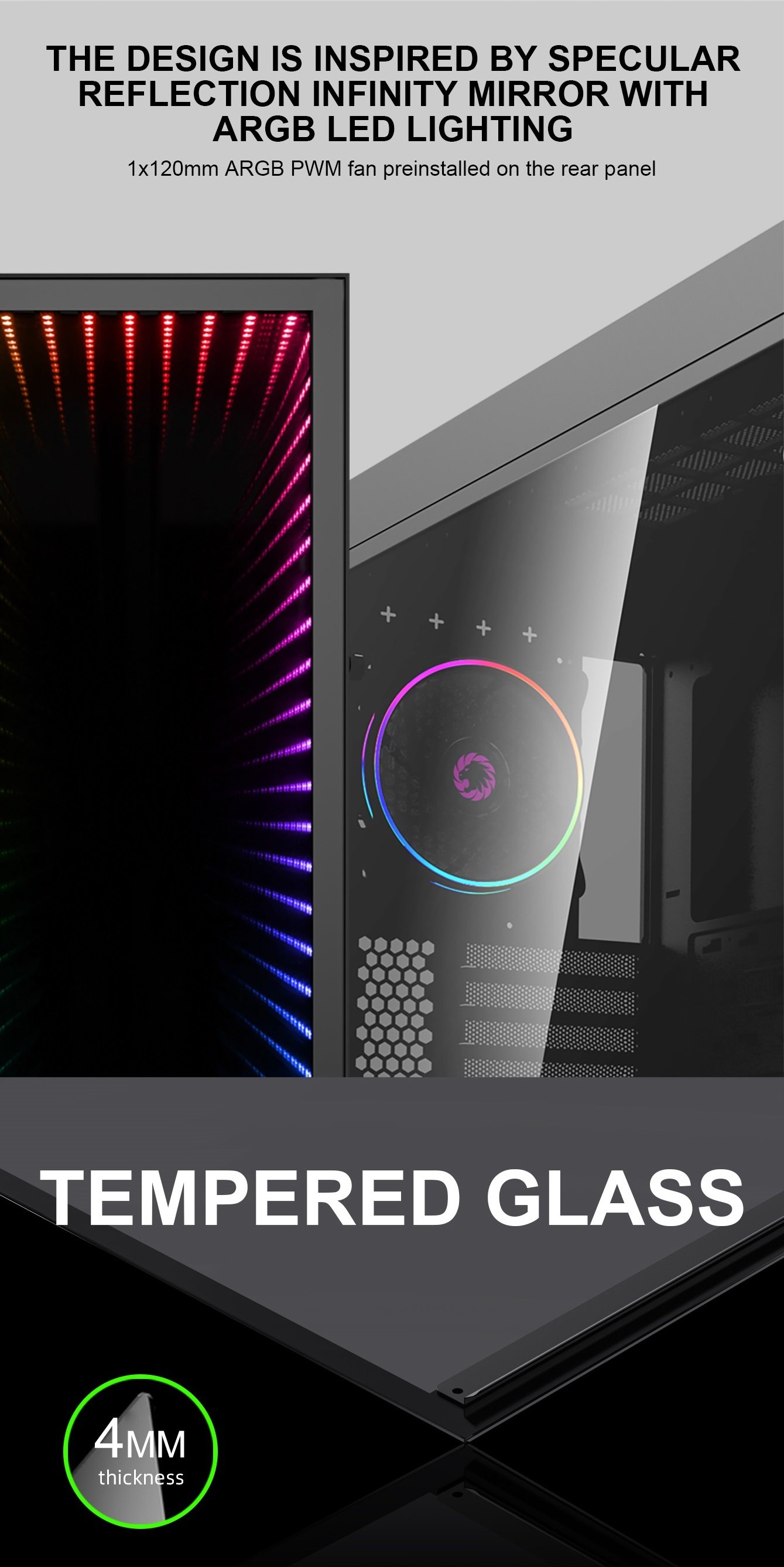 The GameMax Abyss-TR with an infinity mirror with Rainbow LED lighting on  the front 