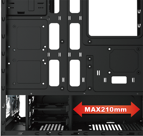 Side of the case with the panel removed and an arrow graphic where the power supply goes that reads: MAX 210mm