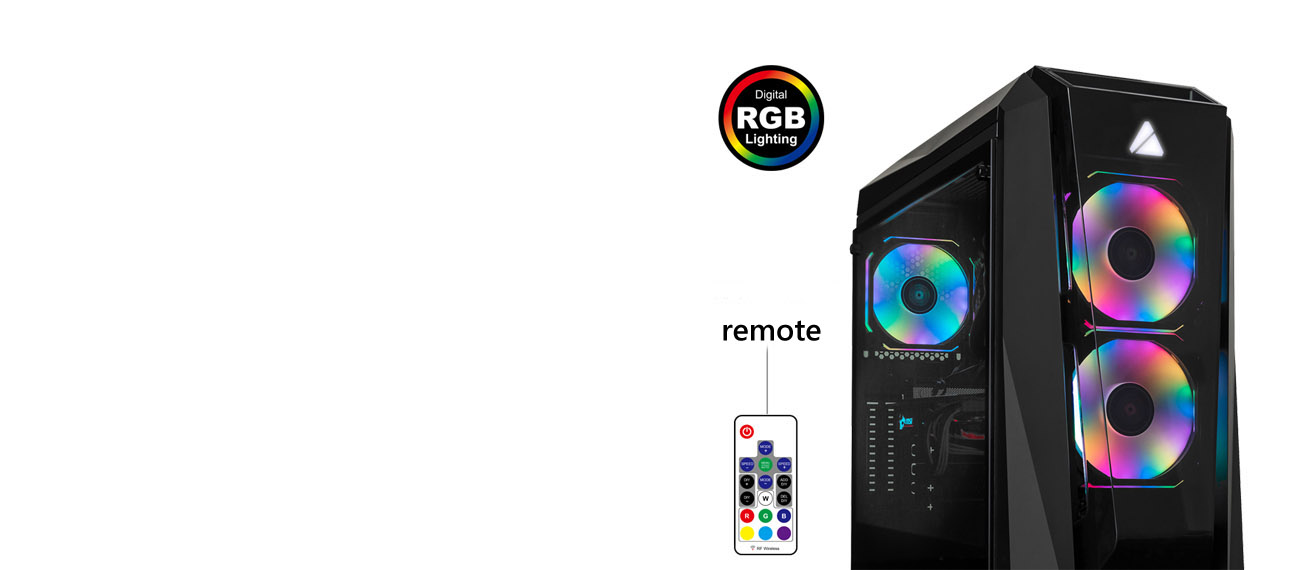 AZZA Chroma 410B with a RGB badge and the included RF remote