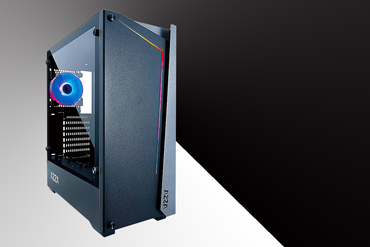 The case slightly tilted to the right shows the front and side panels.
