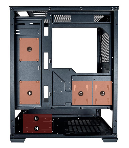 Spots are marked out for drives behind motherboard tray