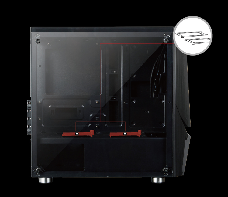 A case having A and B brackets for drives marked.