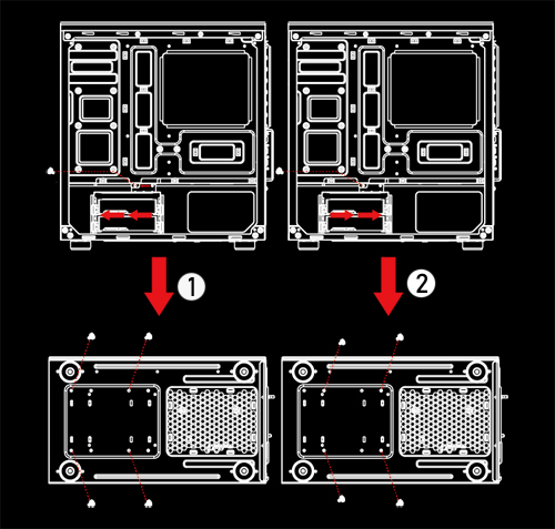 A case having red LED logo illuminationg is facing front.