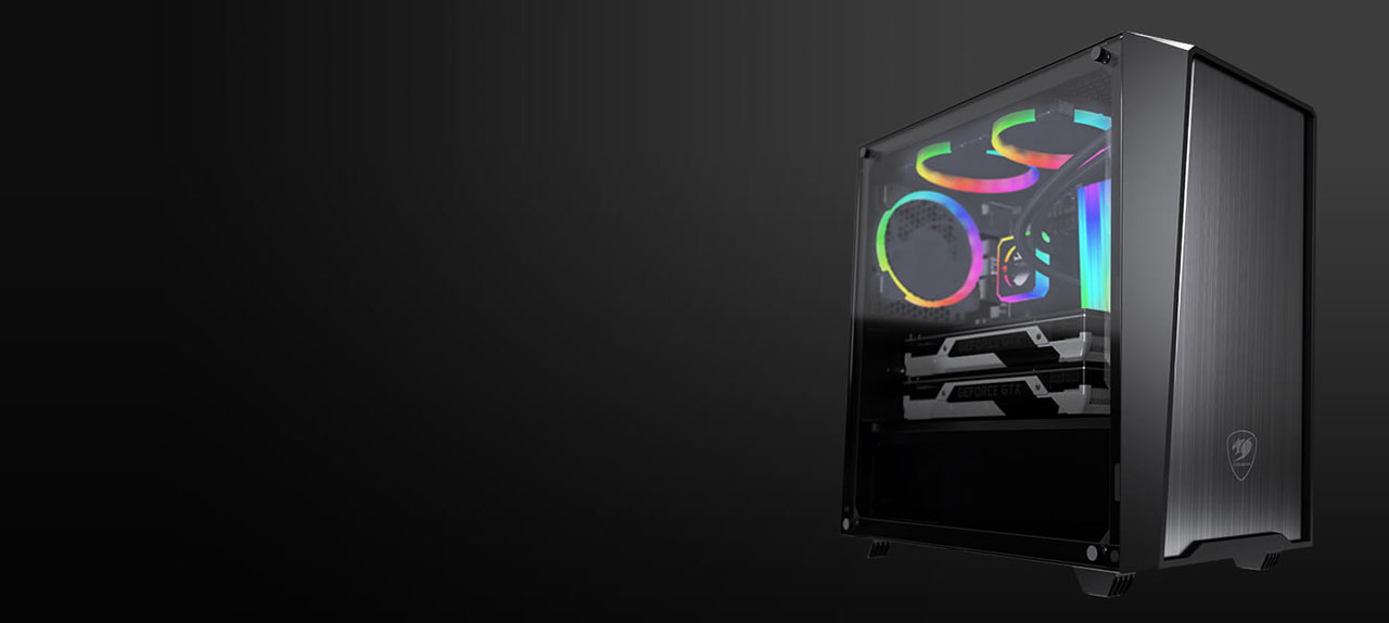  Side angle view of the chassis with tempered-glass side panel on, with a complete rig including RGB fans, RGB memory modules and two graphics cards 