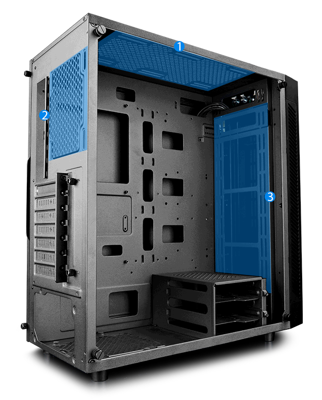 deepcool MATREXX 55 facing away to the right with blue graphics showing where fans can be installed in the front, top and rear of the case
