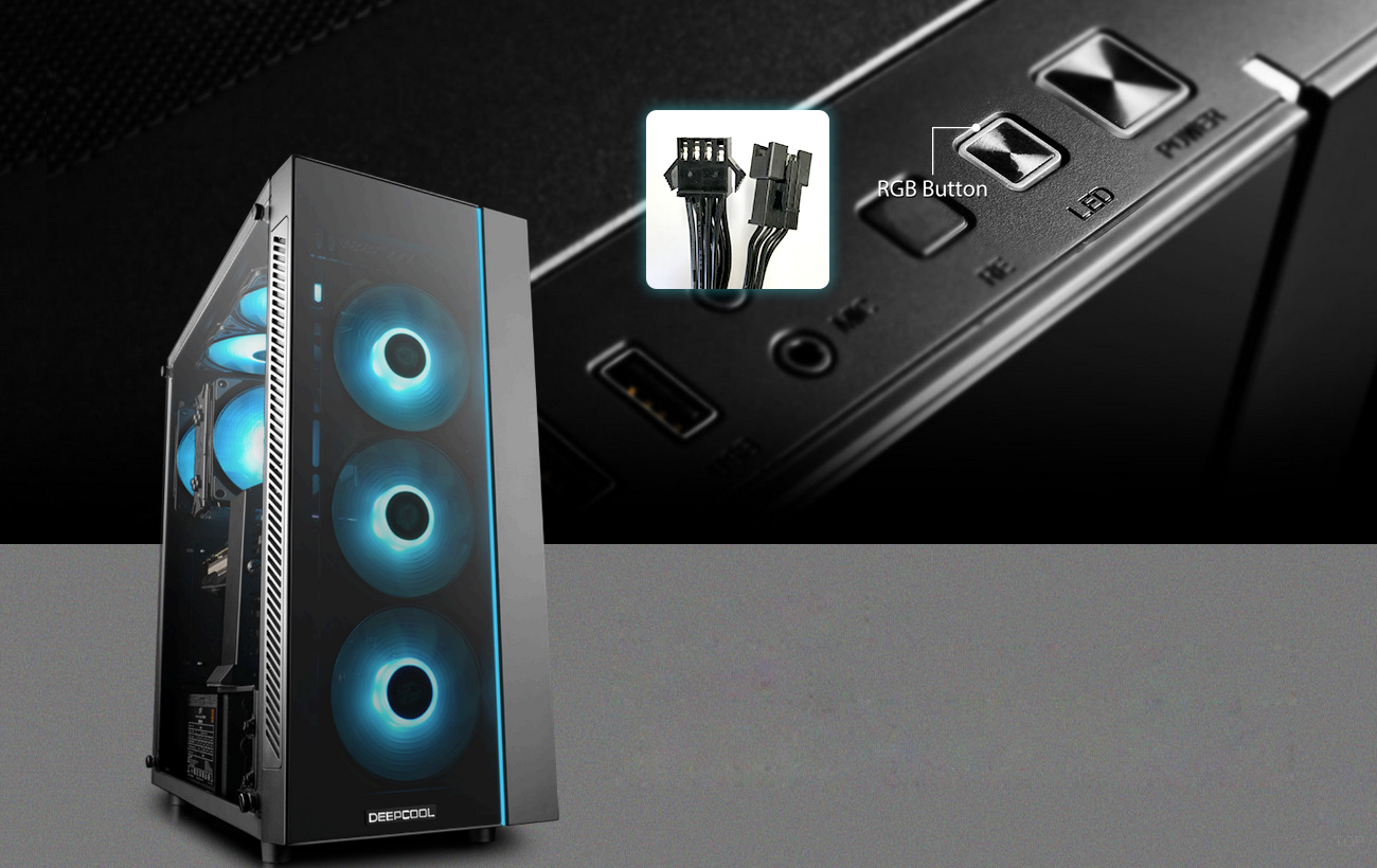 MATREXX 55 with blue RGB-lit fans facing slightly to the right, with a hotspot of the RGB fan connector and a background image of the case's top I/O panel