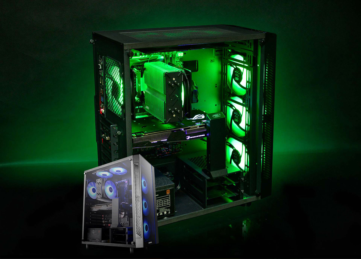 deepcool MATREXX 55 cases showing off green and blue RGB lighting