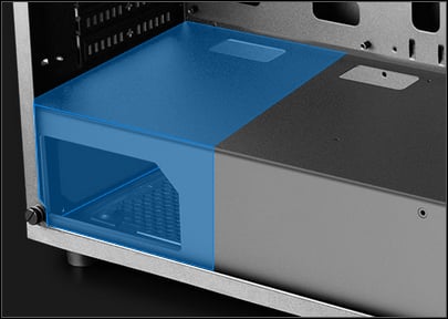 Transparent blue graphic showing where the power supply in the back bottom of the MATREXX 55 case