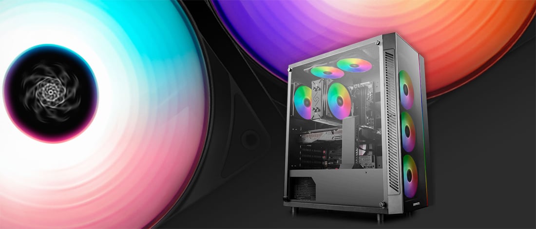 MATREXX 55 case facing slightly to the right with rainbow RGB-lit fans. The background image is a couple of spinning rainbow RGB fans