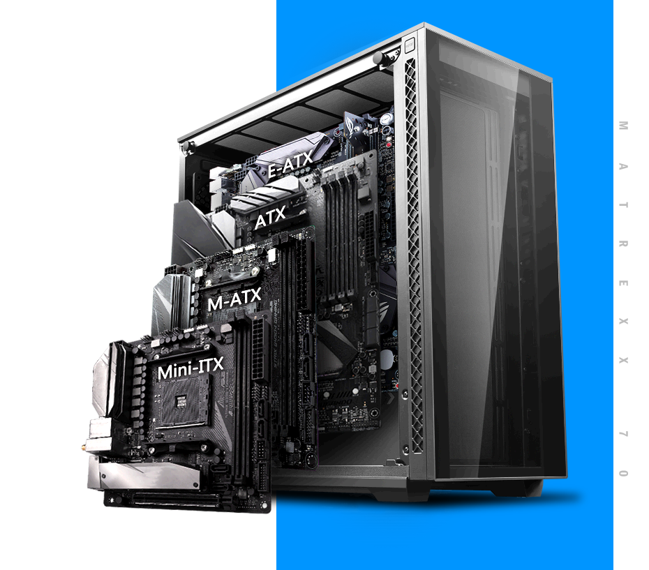 Mini-ITX, M-ATX, ATX and E-ATX motherboards lining up to the side of the MATREXX 70 case