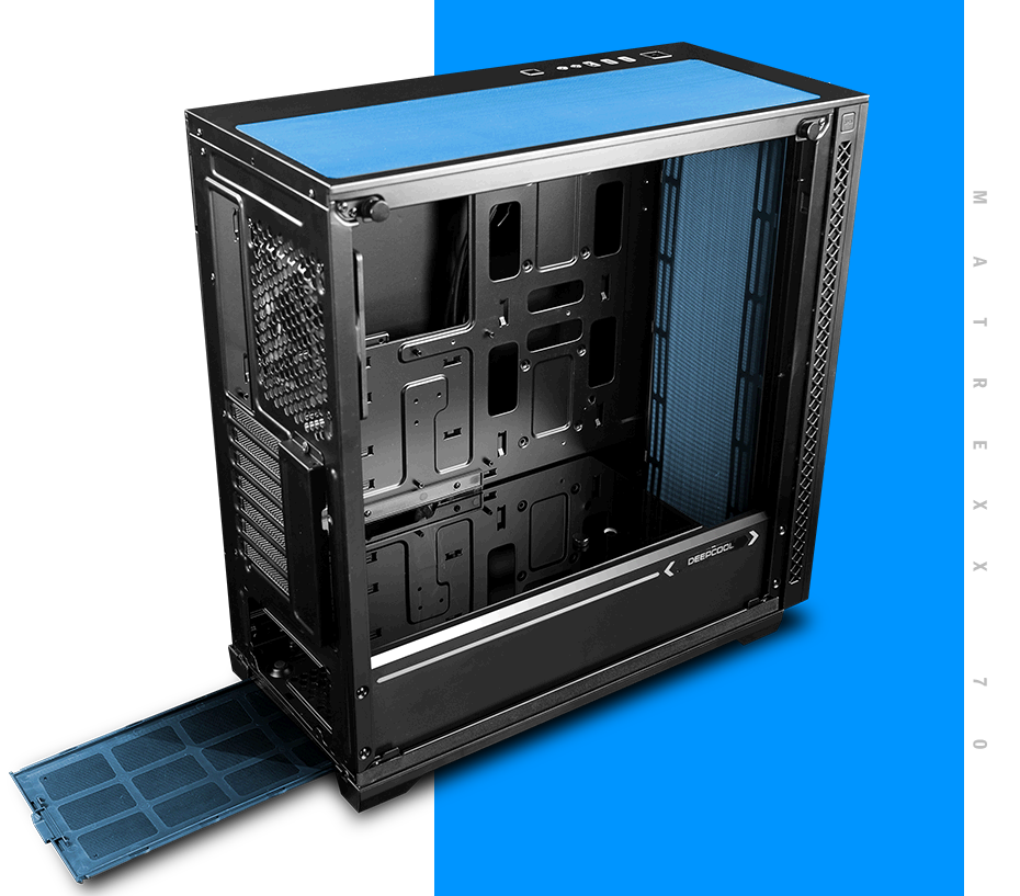 MATREXX 70 case facing away to the right with its top dust filter highlighted and bottom dust filter coming out of the case