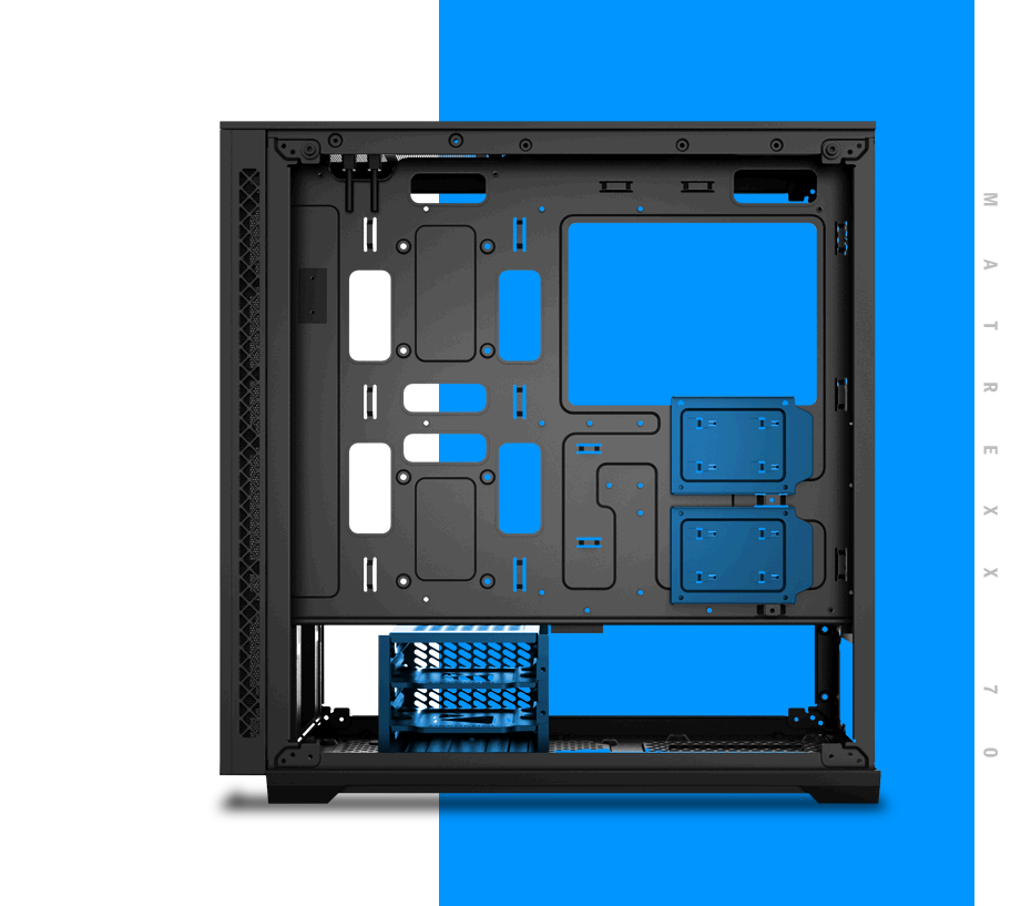 MATREXX 70 with no components and both side panels removed, facing to the left