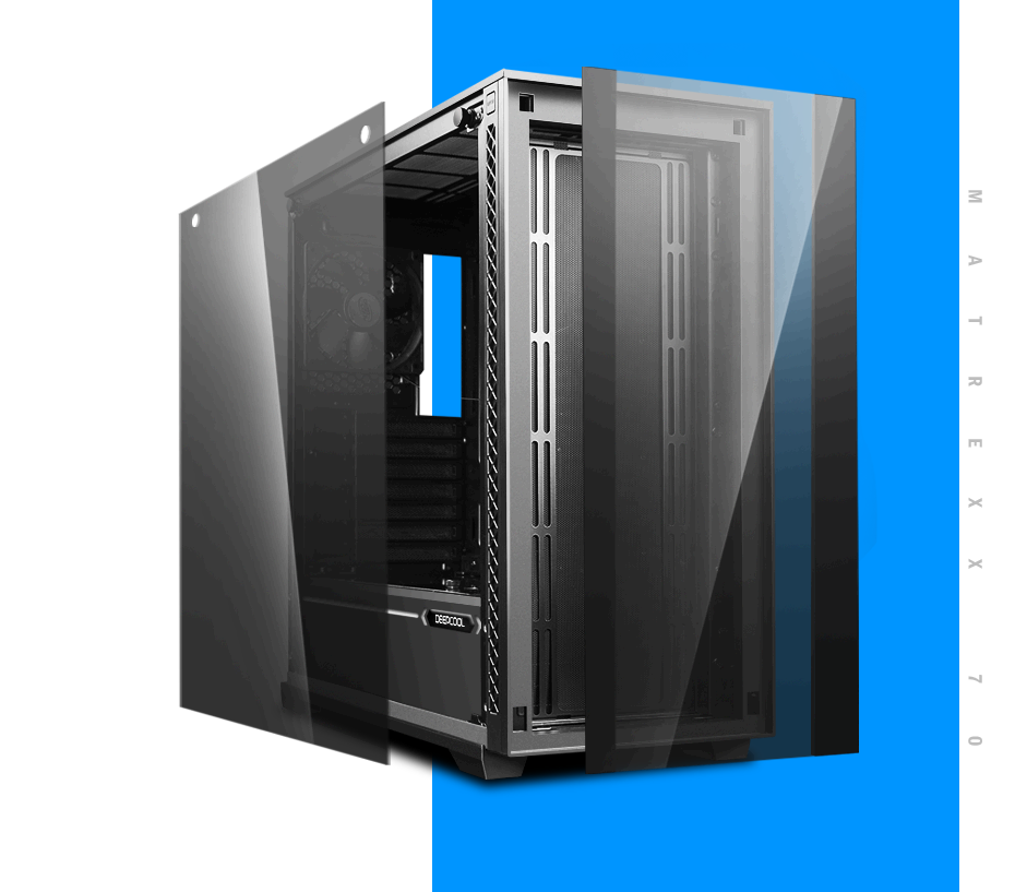 MATREXX 70 case facing slightly to the right with the side panels removed to the side of the chassis