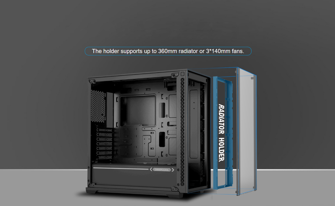 MATREXX 70 facing to the right with its side panel removed and graphics and text indicating that the front radiator holder supports up to a 360mm radiator or three 140mm fans