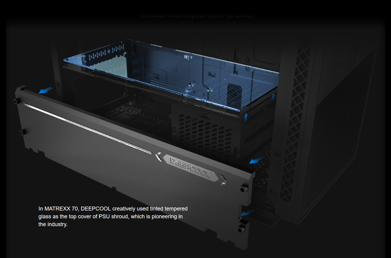 Closeup of the bottom of the MATREXX 70 showing the glass PSU shroud along with text that reads: In MATREXX 70, DEEPCOOL creatively used tinted tempered glass as the top cover of the PSU shroud, pioneering an industry first