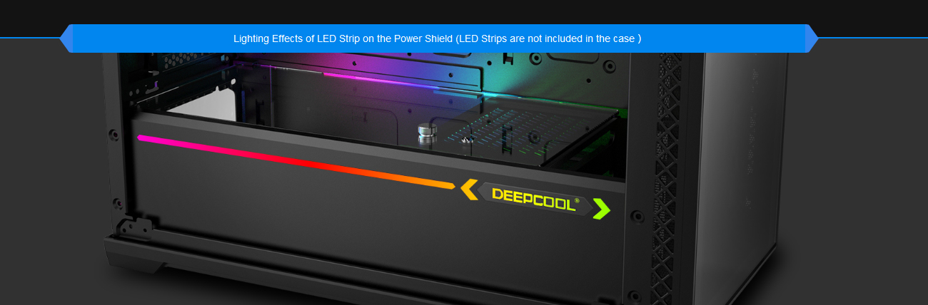 Bottom of the MATREXX 70 case with RGB lighting around the PSU shroud. There is text that reads: lighting effects of LED strip on the power shield (LED strips are not included in the case)