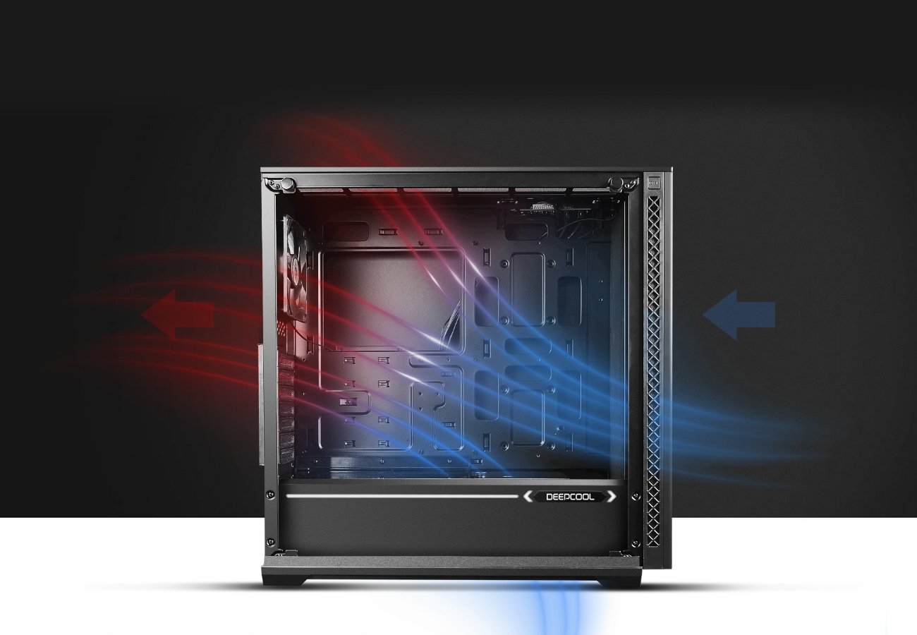 MATREXX 70 case facing to the right with graphics showing blue cold air coming in the front and red hot air going out the back