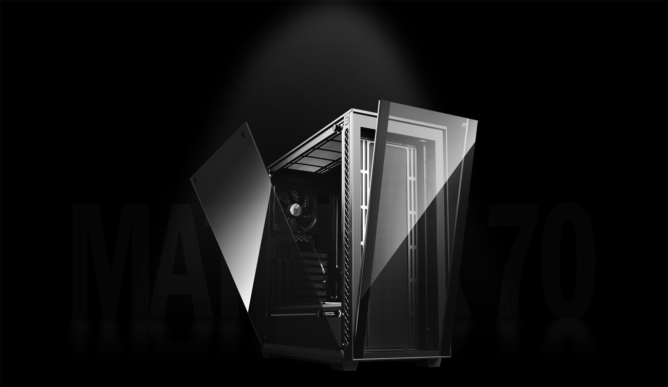 MATREXX 70 case facing slightly to the right with its side and front glass panels coming off
