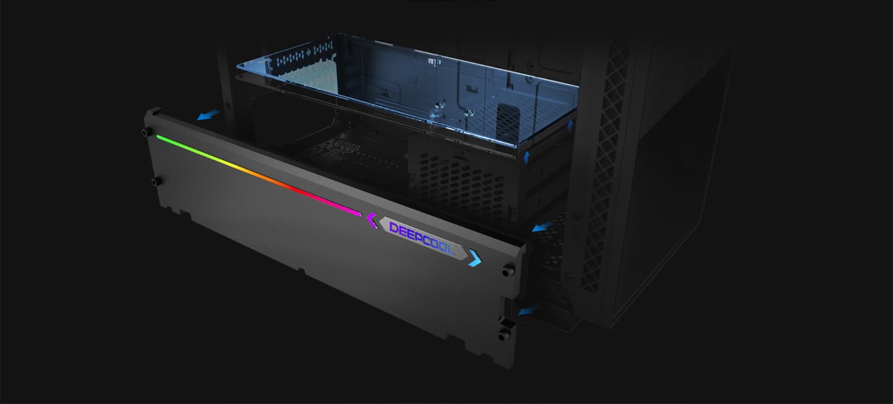 Bottom of the MATREXX 70 3F showing the glass PSU shroud