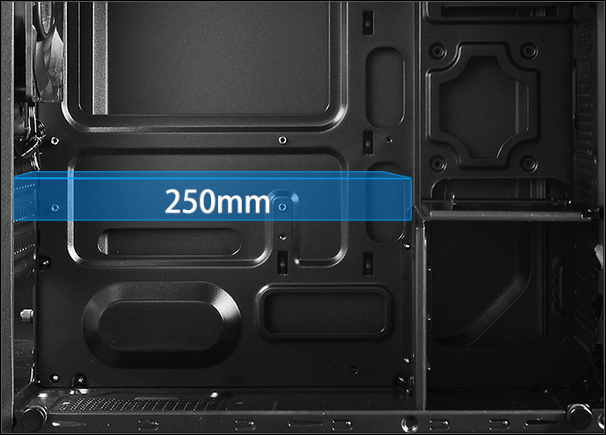 Inside of the MATREXX 30 case showing a graphic for 250mm graphics card installation