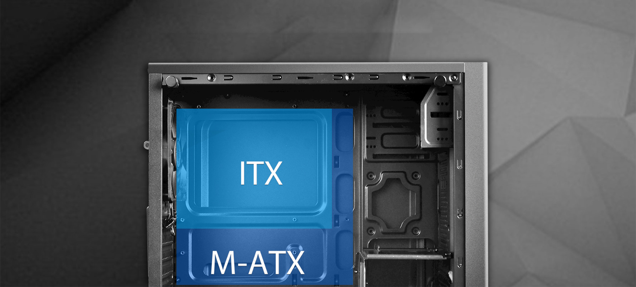 MATREXX 30 facing to the right with its side panel removed and graphics showing how an ITX and M-ATX motherboard fits