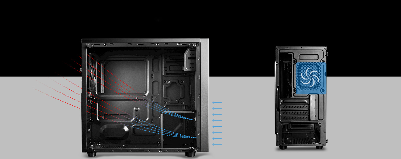 two shots of the MATREXX 30 case, one faces to the right with the side panel removed and graphics showing cold air coming in from the front and hot air going out the back. The second case is facing away from the viewer with a blue graphic highlighting the rear fan