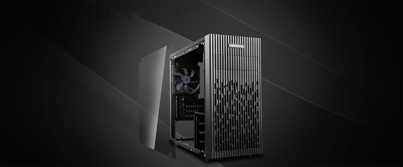 MATREXX 30 case angled to the right with its side panel removed, floating behind the case