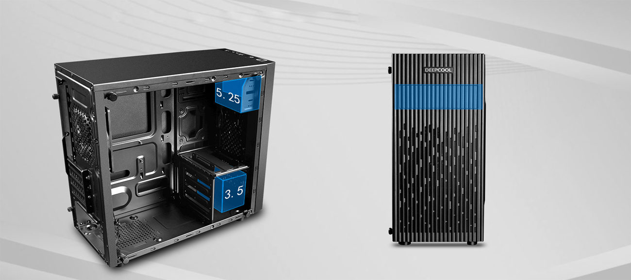 two shots of the MATREXX 30 case, one faces to the right with blue graphics showing the 5.25 and 3.5 inch installation locations. The second case faces forward