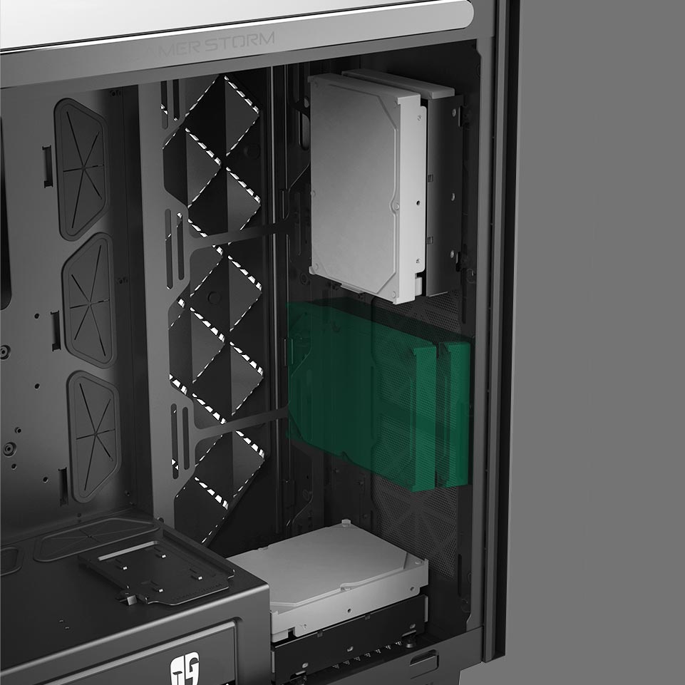 2 HDD holders are included, each of which can hold 2 x 3.5-inch hard drives. The holders can be installed on all 120mm fan slots within the case.