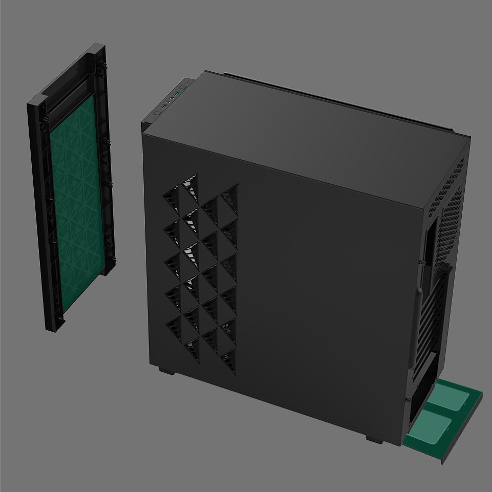 Dust filters attached at the front and bottom of the case. The 2 bottom filters are easy to pull out and wash. 