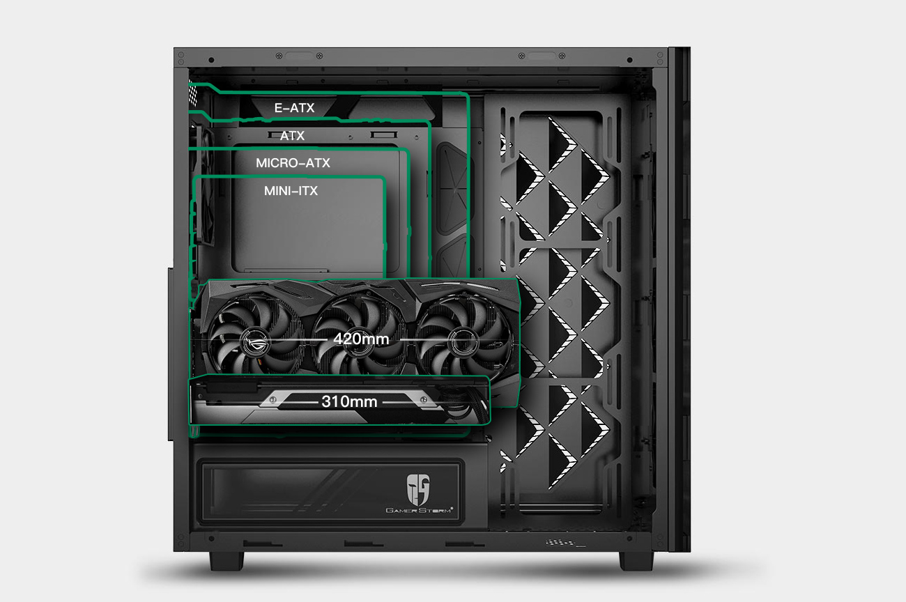 Macube 550 facing to the right, MOTHERBOARD support Mini-ITX / Mico-ATX / ATX / Standard E-ATX