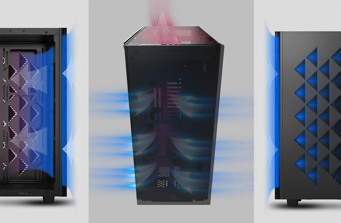 Dual air intake channels are hidden on both sides of the front panel