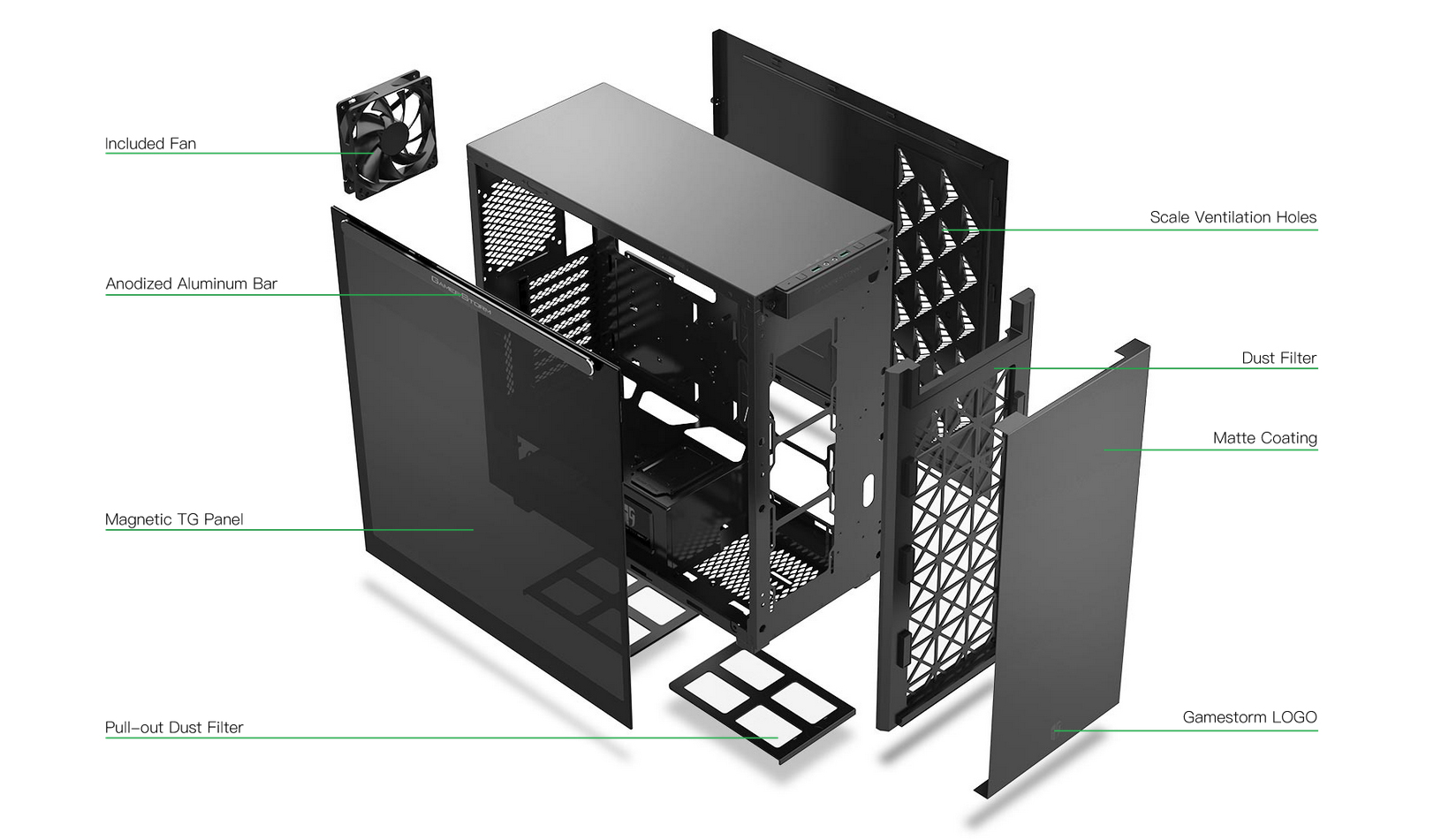 All pieces of the macube 550 case removed and floating next to each other, angled down to the right. The parts include: included fan, anodized aluminum bar, magnetic TG panel, pull-out dust filter, scale ventilation holes, dust filter, matte coating and Gamerstorm logo