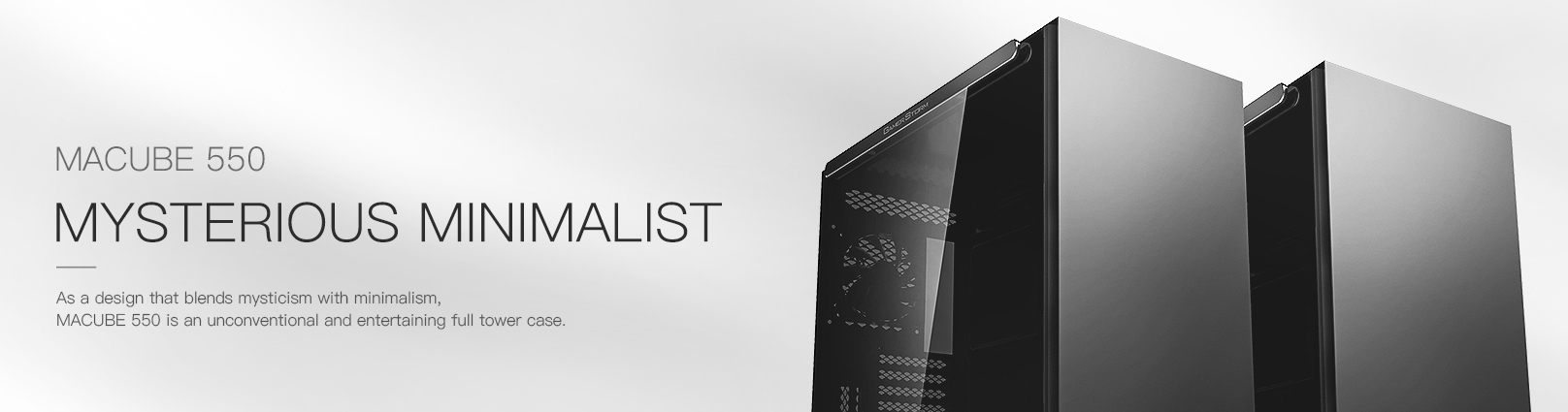 Two Black DEEPCOOL MACUBE 550 Cases Angled to the Right. Next to Text That Reads: MACUBE 550, MYSTERIOUS MINIMALIST. As a design that blends mysticism with minimalism, MACUBE 550 is an unconventional and entertaining full tower case.