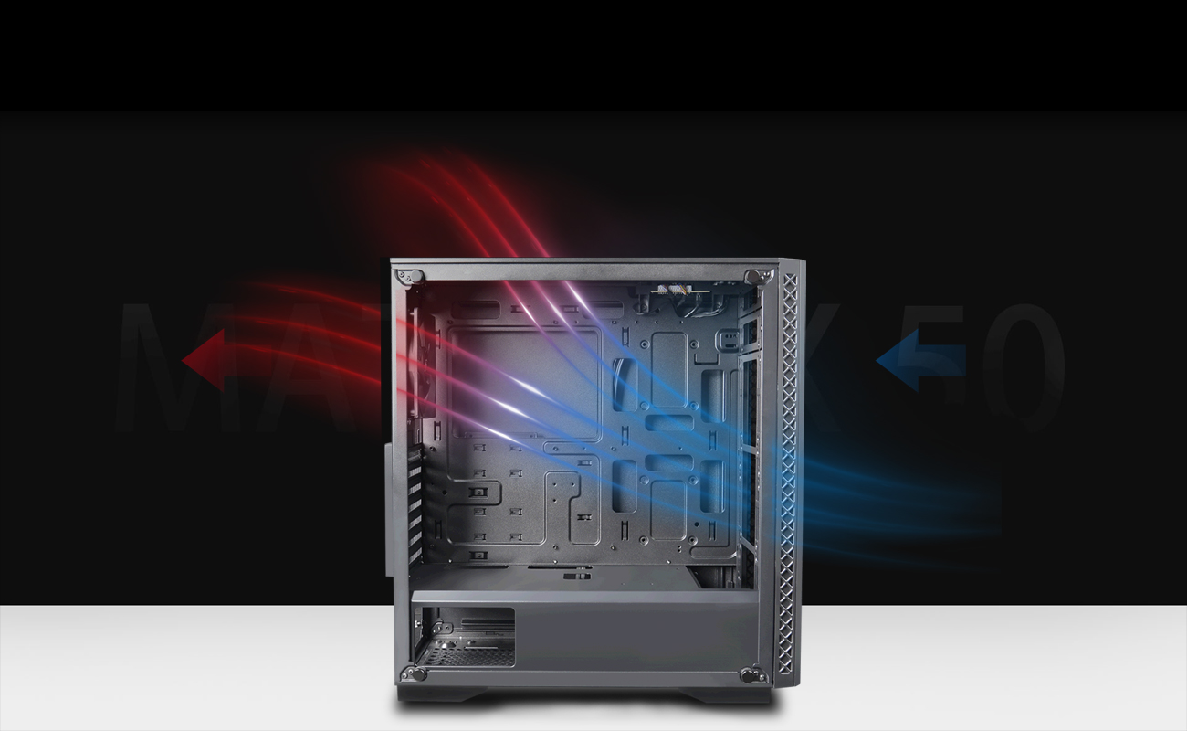 Deepcool Matrexx 50 ADD-RGB 4F Case Facing to the Right with Its Side Panel Removed and Graphics Showing Cool Airflow Going in and Hot Air Going Out of the System to the Left