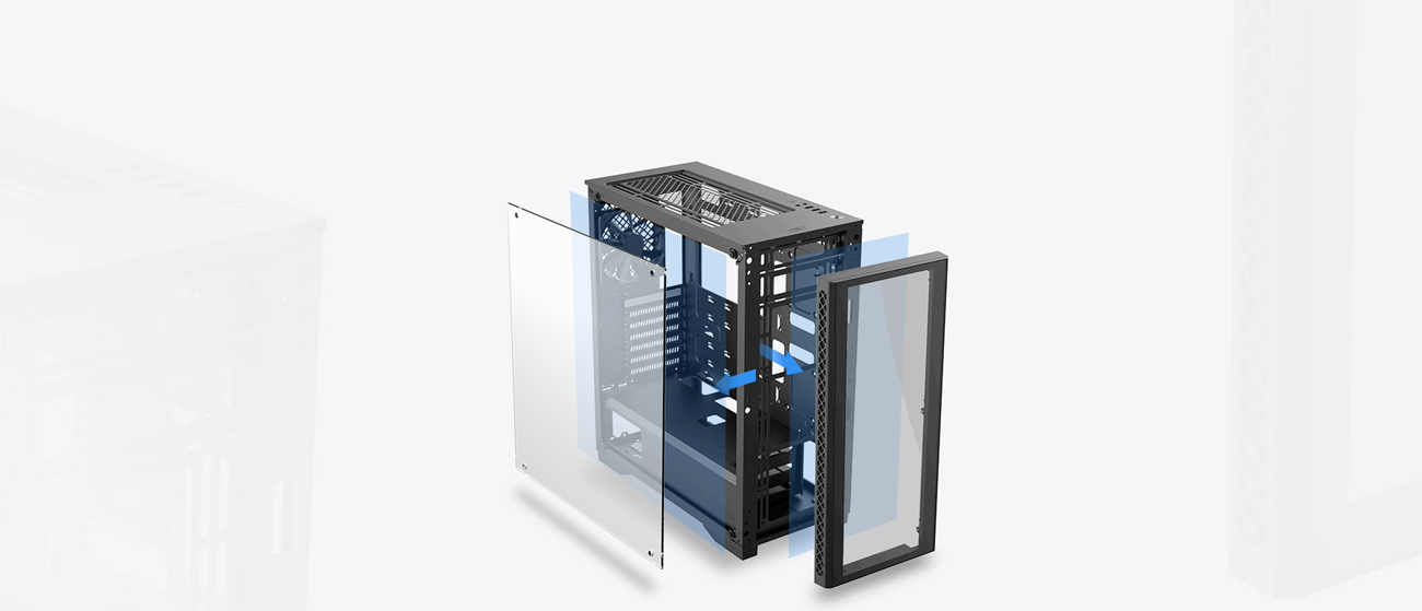 An image shows Deepcool Matrexx 50 ADD-RGB 4F Case Tempered glass side-panel and the front panel.