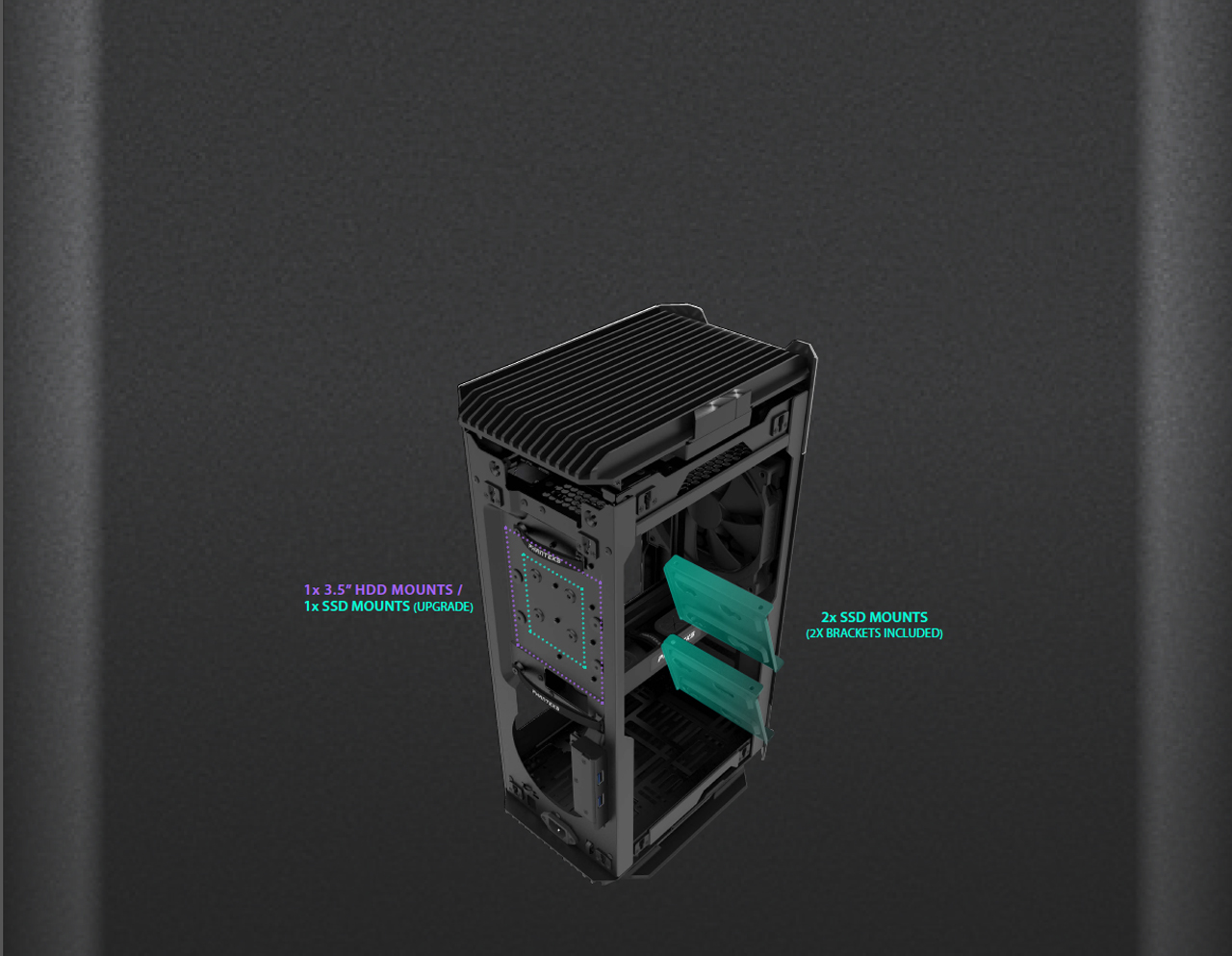 The Evolv Shift Air support multipe SSDs and a 3.5” HDD point out the installation location