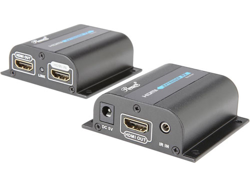 The front and back of the rosewill hdmi over cat5/cat6 exctender, one side and an hdmi in and hdmi out port while the other side has a DC 5V power port, an hdmi port and an IR in slot