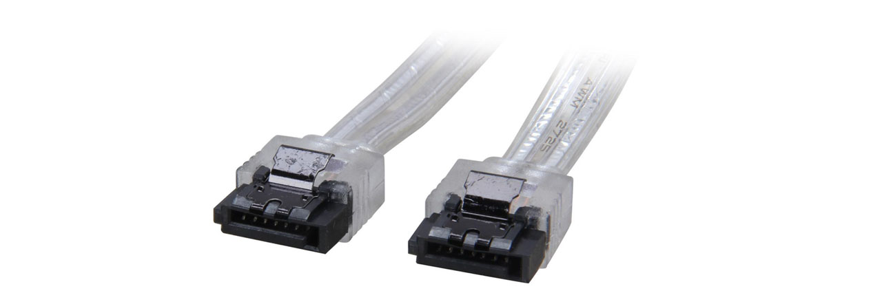 Two connectors at two ends of a cable are on display.