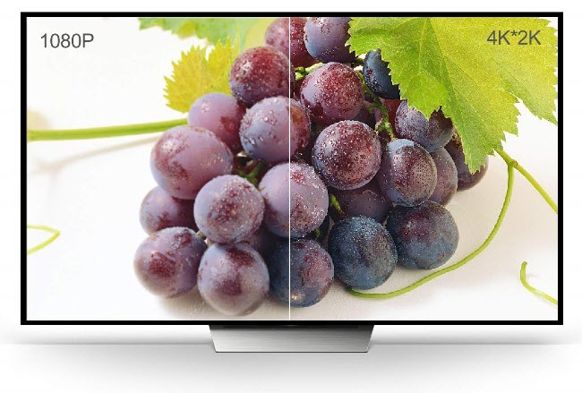 a TV showing split image of a plate of grapes with different resolutions
