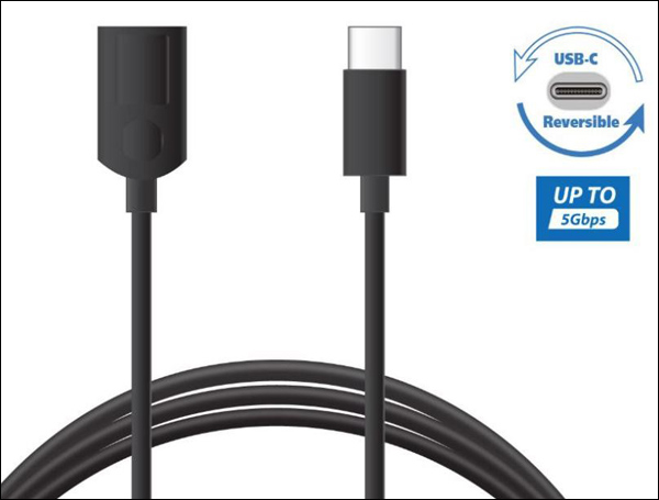 A cable with twe ends is on display next to a USB Reversible icon and a up to 5Gbps icon