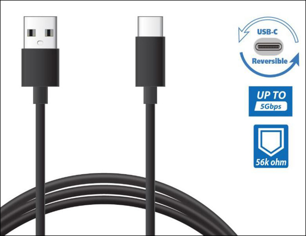 A cable with twe ends is on display next to a USB Reversible icon, a up to 5Gbps icon, and a 56K ohm icon