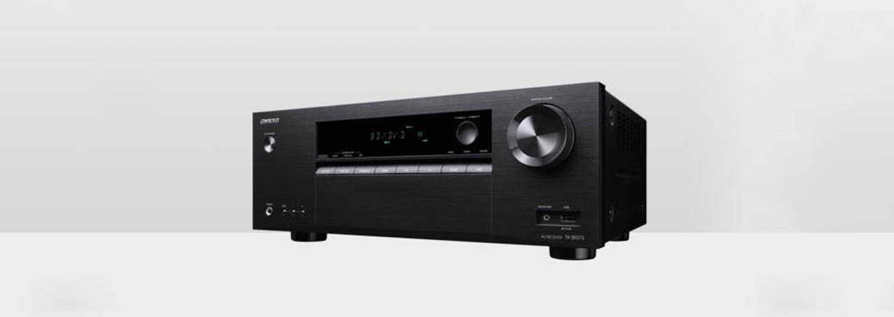 Onkyo TX-SR373 a/v receiever facing slightly to the left