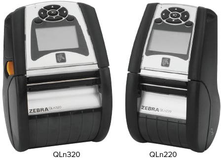 Zebra QLn320 and QLn220 Printers Standing Up, Angled Towards Each Other