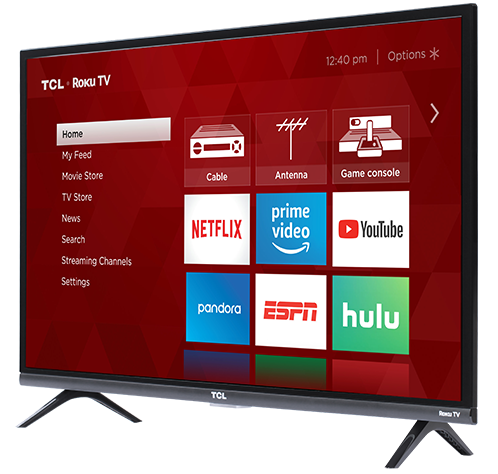 TCL Display Angled to the Left with Roku TV Home Screen on Screen